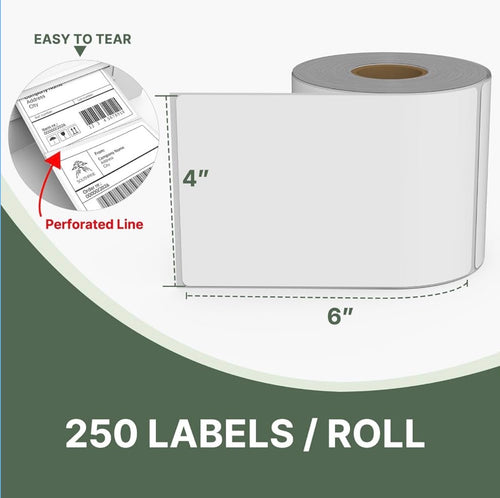4x6 direct thermal label roll showing 250 labels and perforated line detail