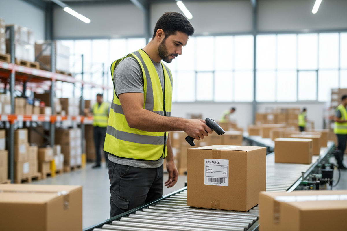 Warehouse worker scanning thermal shipping label